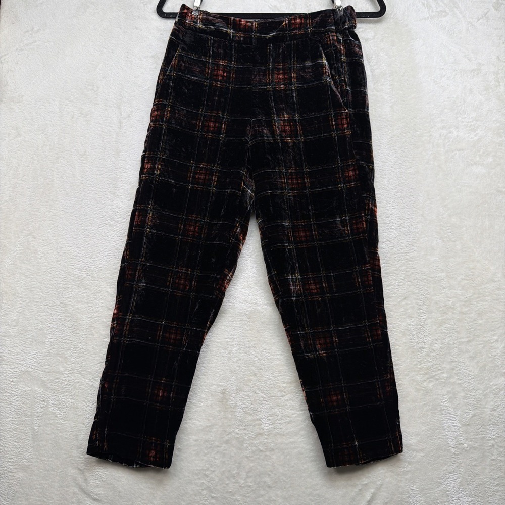 J.Crew Velvet Plaid Pants‎ Women's 2 Black Tartan Crop Pull On Holiday Career